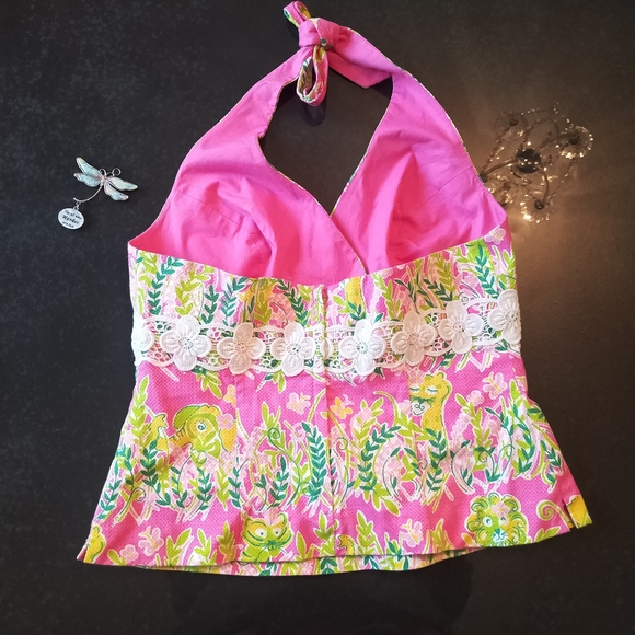 Lilly Pulitzer Super Cute Pink & Green Lace Halter neck Top 6 - Picture 3 of 6